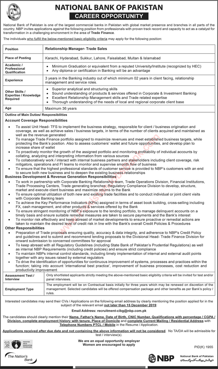 Relationship Manager Jobs in National Bank of Pakistan December 2019 NBP Latest