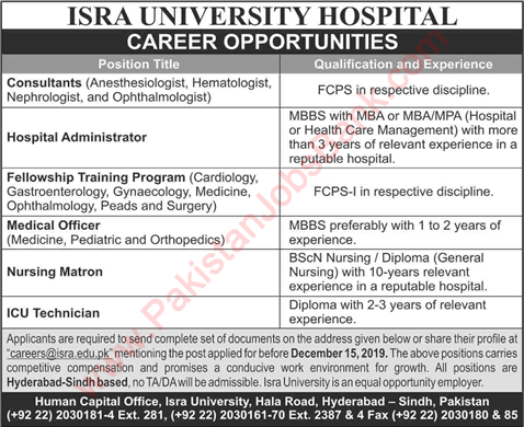 Isra University Hyderabad Jobs 2019 December Medical Consultants, Fellowship & Others Latest