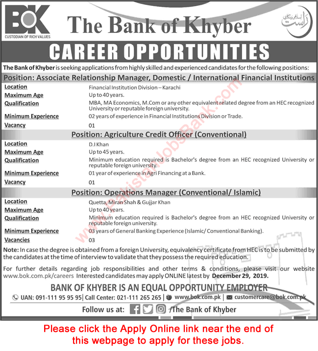 Bank of Khyber Jobs December 2019 Apply Online Operations Managers & Others BOK Latest