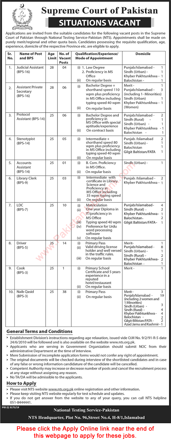 Supreme Court of Pakistan Jobs December 2019 NTS Online Apply Clerks, Naib Qasid, Drivers & Others SCP Latest