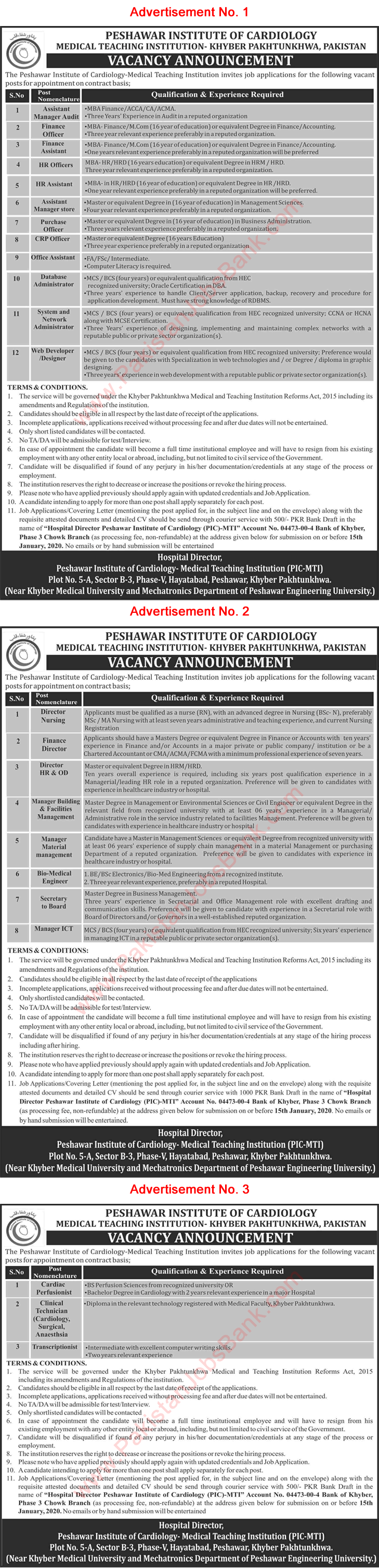 Peshawar Institute of Cardiology Jobs 2019 December 2020 PIC MTI Clinical Technicians & Others Latest