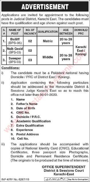 District and Session Court Karachi Jobs December 2019 / 2020 Naib Qasid, Bailif & Sweeper Latest