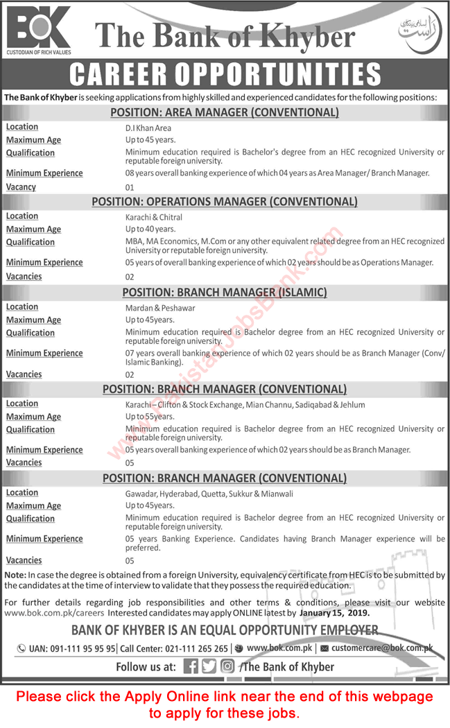 Bank of Khyber Jobs 2020 January Apply Online Branch Managers, Area & Operations Managers Latest
