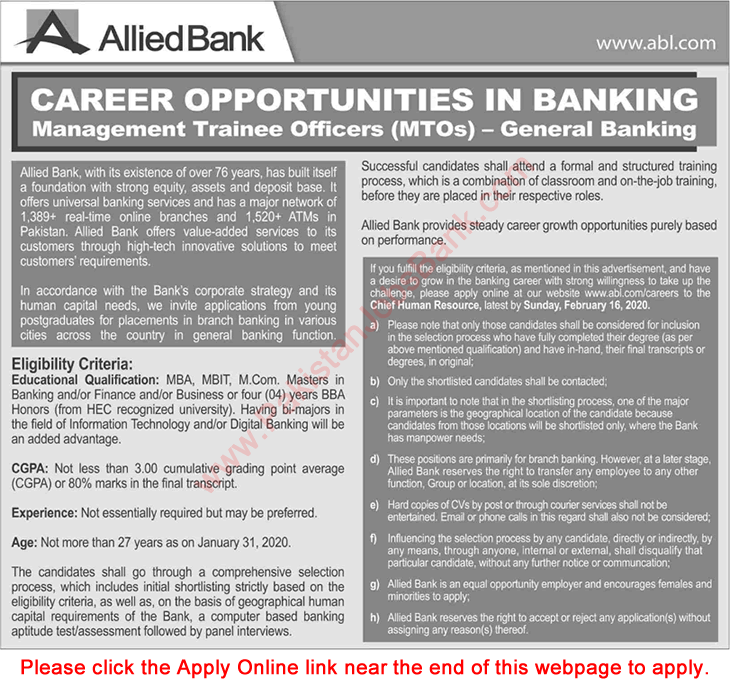Allied Bank Jobs 2020 February Apply Online Management Trainee Officers MTO Latest