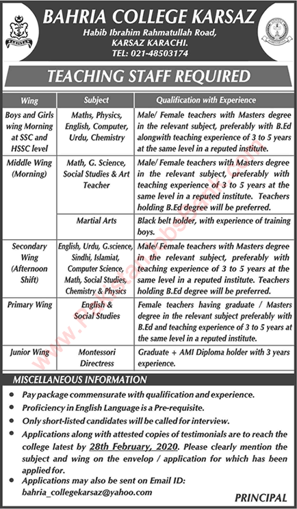 Teaching Jobs in Bahria College Karsaz Karachi 2020 February Latest