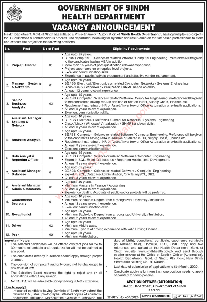 Health Department Sindh Jobs 2020 February Assistant Managers & Others Latest