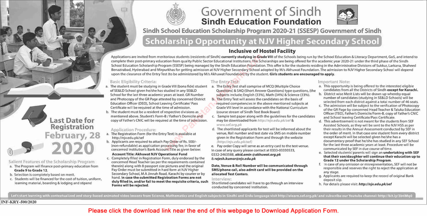 Sindh School Education Scholarship Program 2020-21 Application Form Sindh Education Foundation Latest