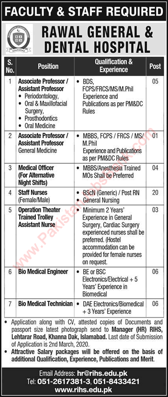 Rawal General and Dental Hospital Islamabad Jobs 2020 February Nurses, Medical Officers & Others RIHS Latest