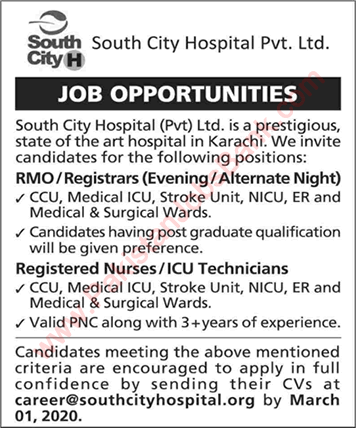 South City Hospital Pvt Ltd Karachi Jobs 2020 February Medical Officers / Registrars, Nurses & ICU Technicians Latest