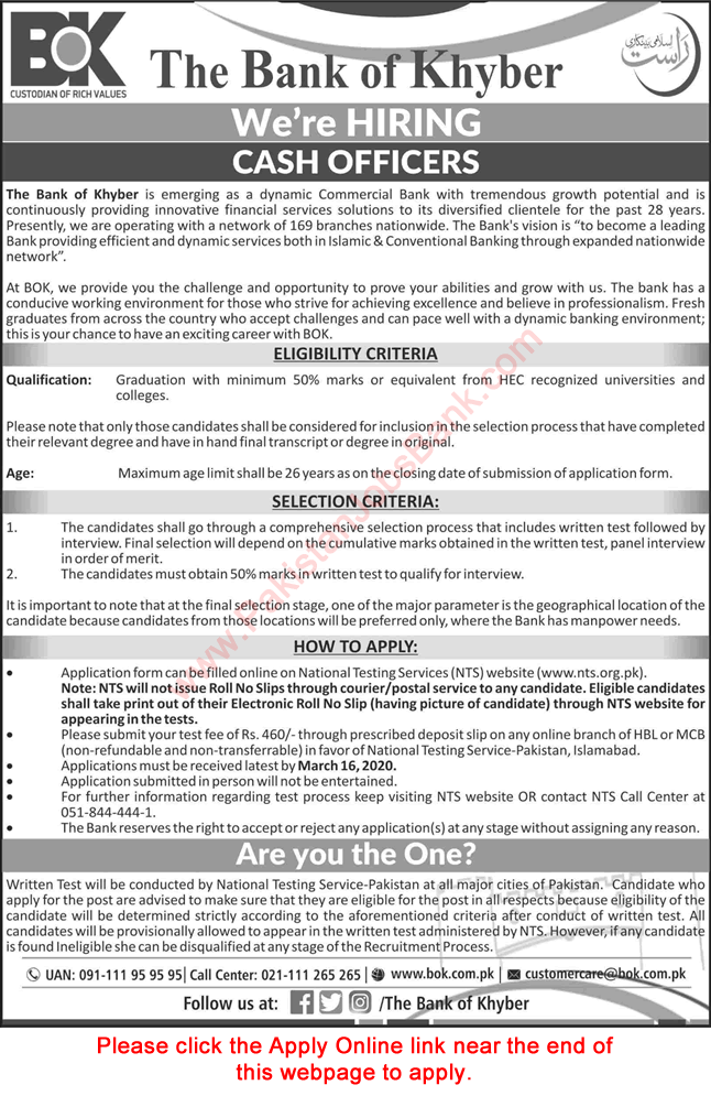 Cash Officer Jobs in Bank of Khyber 2020 March NTS Apply Online Latest