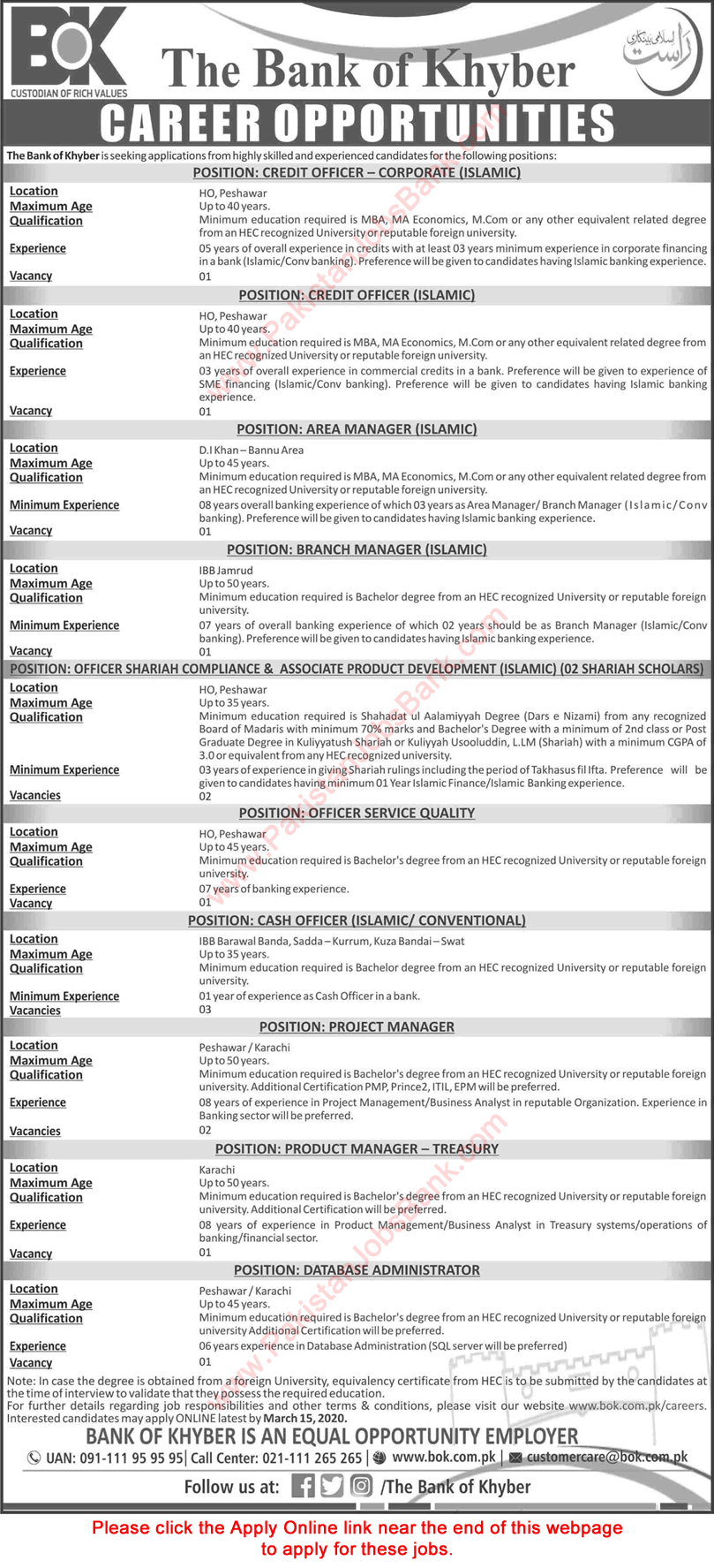 Bank of Khyber Jobs March 2020 Apply Online Cash Officers, Project Managers & Others BOK Latest