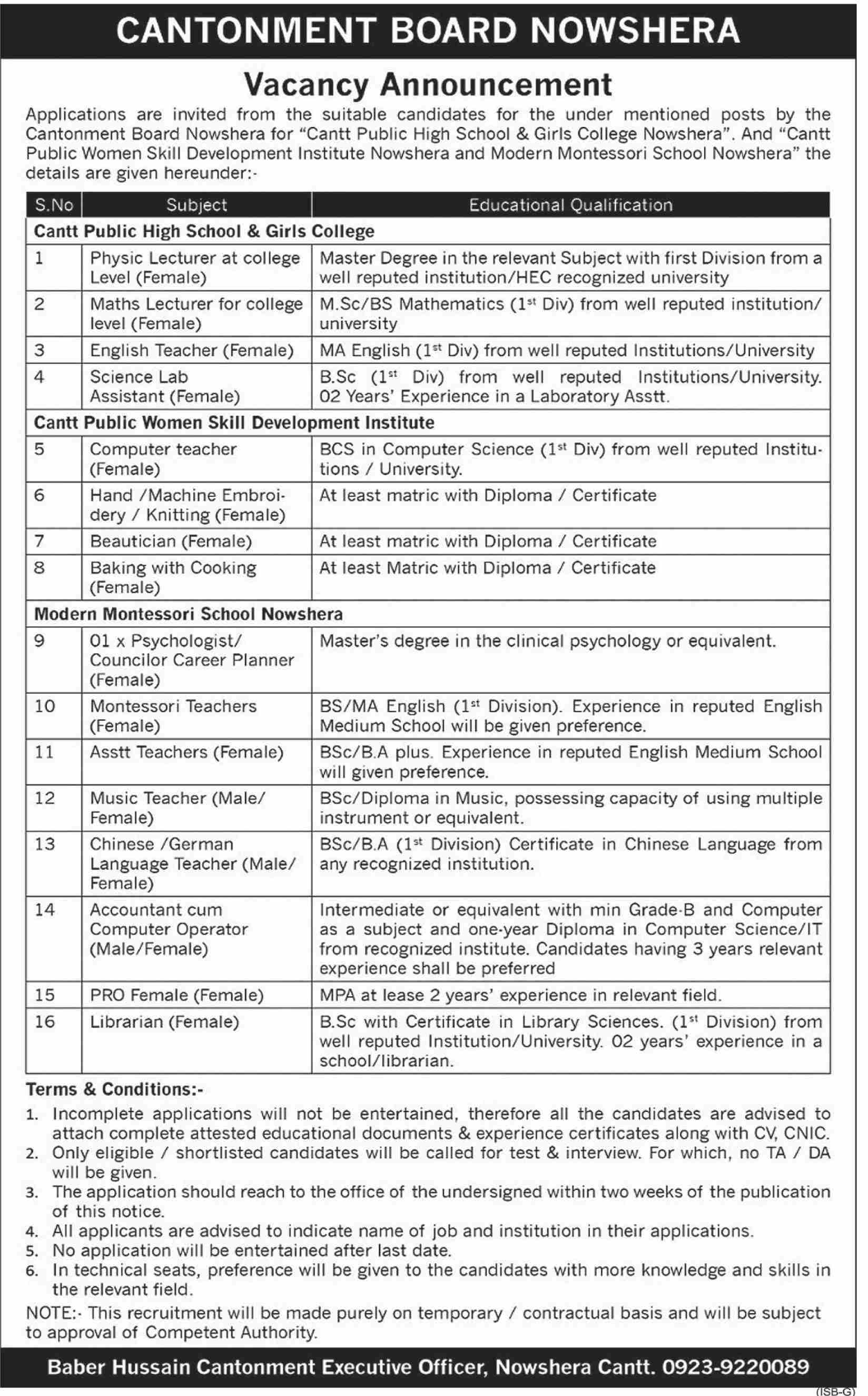 Cantonment Board Nowshera Jobs 2020 March Teachers & Others Latest