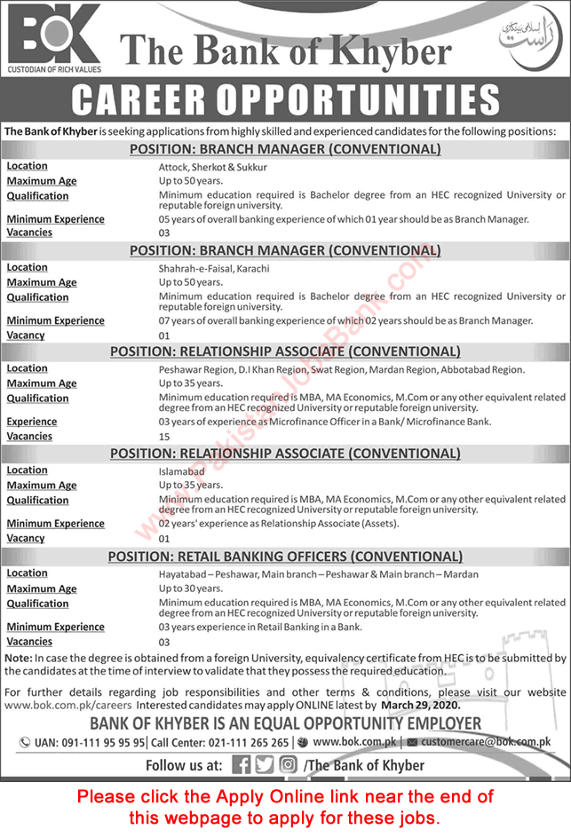 Bank of Khyber Jobs March 2020 Apply Online Relationship Associates & Others BOK Latest