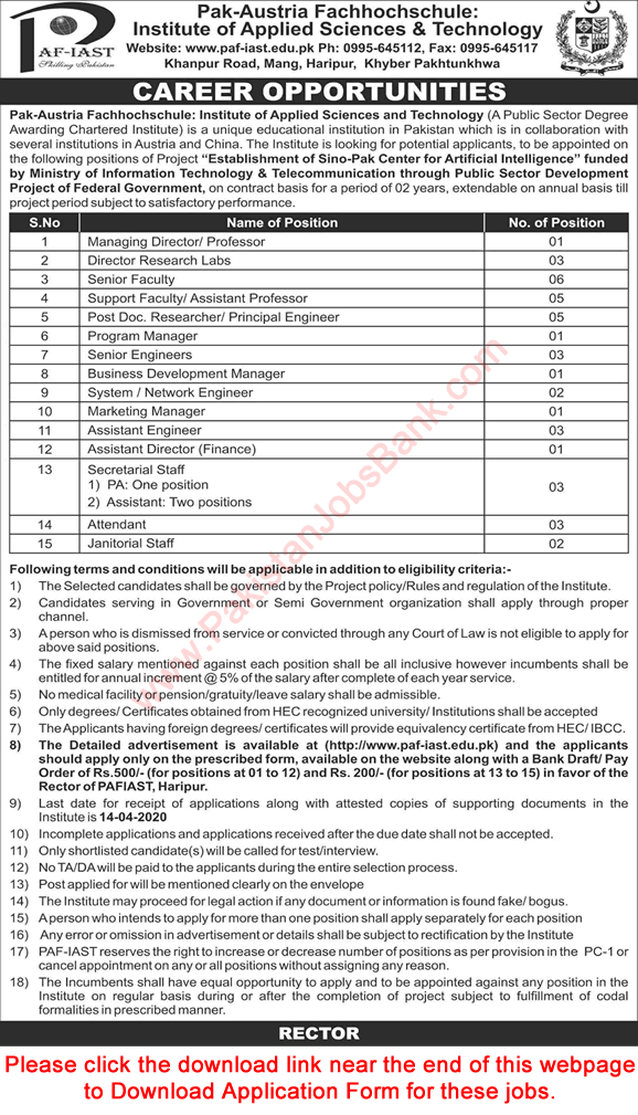 PAF IAST KPK Jobs March 2020 Application Form Support / Senior Faculty, Assistant & Others Latest