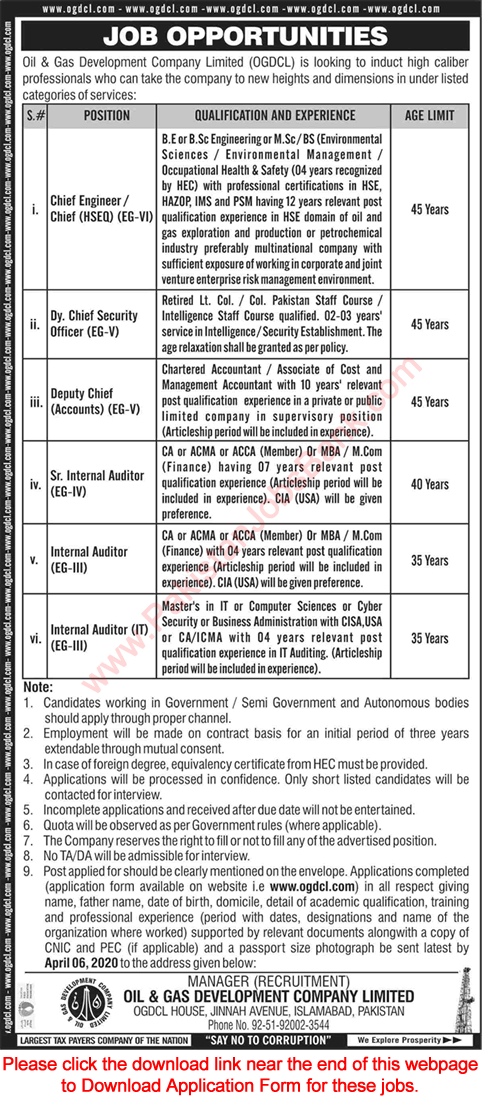OGDCL Jobs 2020 March Application Form Oil and Gas Development Company Limited Latest