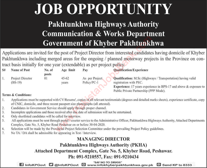 Project Direct Jobs in Communication and Works Department KPK 2020 April Pakhtunkhwa Highways Authority Latest
