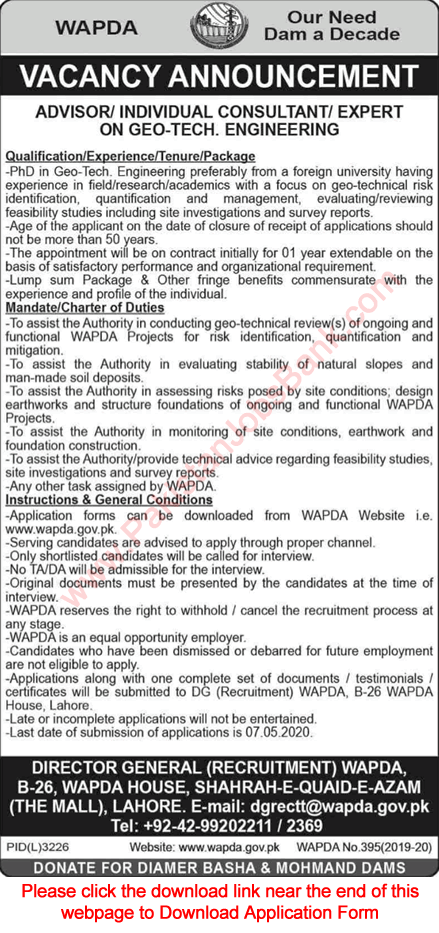 Advisor / Consultant Jobs in WAPDA 2020 April Application Form Water and Power Development Authority Latest