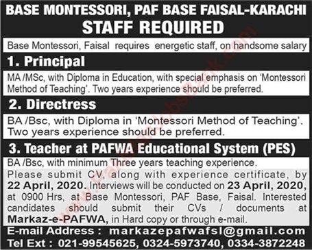 Base Montessori PAF Faisal Karachi Jobs 2020 April Teachers, Directress & Principal Latest