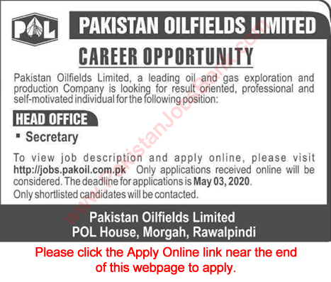 Secretary Jobs in Pakistan Oilfields Limited Rawalpindi 2020 April / May Apply Online POL Latest
