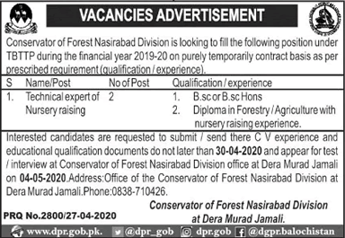 Technical Expert Jobs in Forest Department Nasirabad Division 2020 April Dera Murad Jamali Latest
