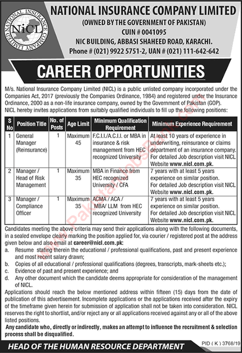 National Insurance Company Limited Karachi Jobs 2020 May General / Managers Latest