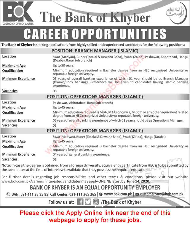 Bank of Khyber Jobs May 2020 June Apply Online Operation Managers & Branch Managers Latest