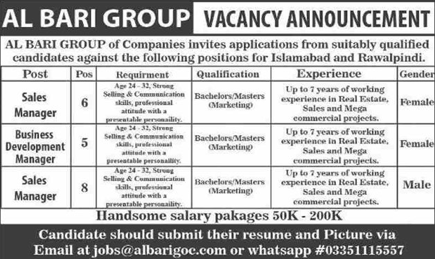 Al Bari Group Pakistan Jobs 2020 May / June Sales Managers & Business Development Managers Latest