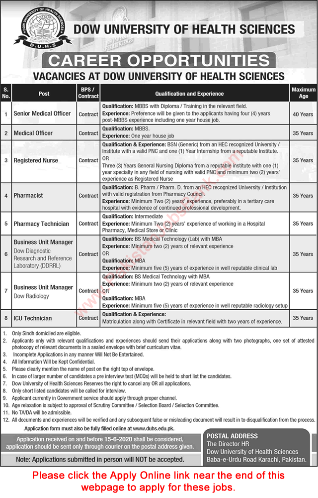 Dow University of Health Sciences Karachi Jobs May 2020 June Apply Online Nurse, Pharmacist & Others Latest