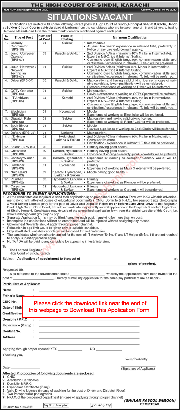 Sindh High Court Jobs June 2020 Application Form Chowkidar, Naib Qasid, Drivers & Others Latest