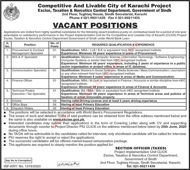 Excise Taxation and Narcotics Control Department Sindh Jobs 2020 June Competitive and Livable City of Karachi Project Latest