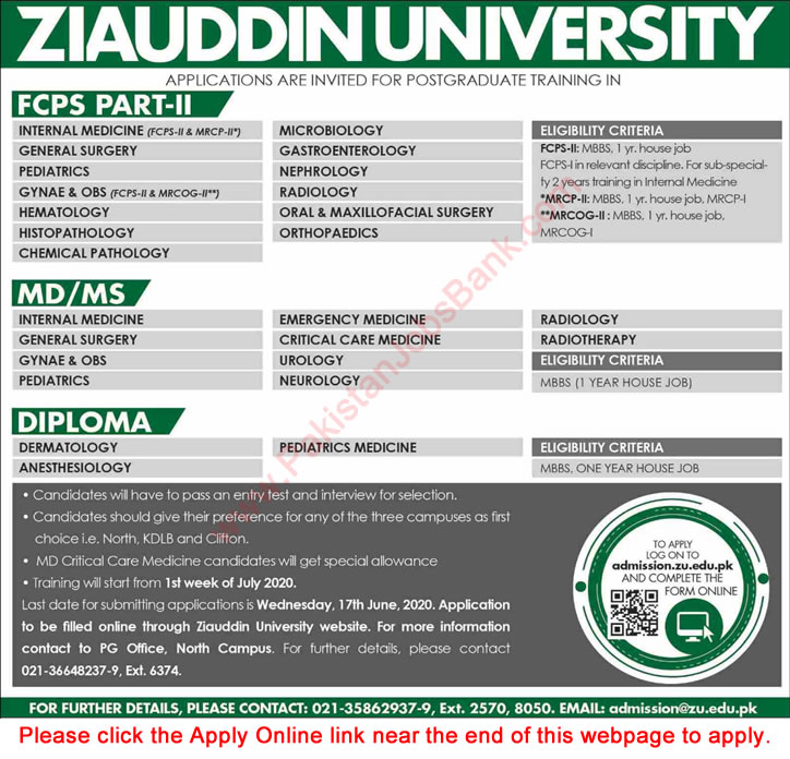 Ziauddin University Karachi Postgraduate Training 2020 June Apply Online Latest