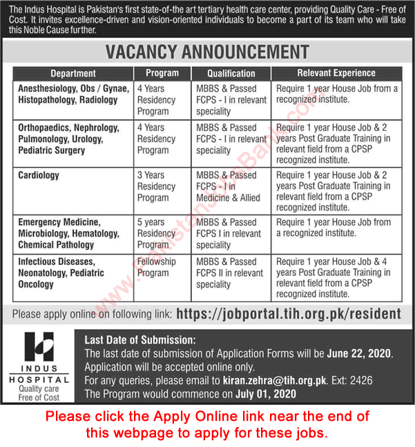 Indus Hospital Karachi Jobs June 2020 Residency & Fellowship Program Apply Online Latest