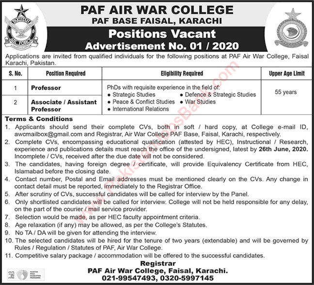 Associate / Assistant Professor Jobs in PAF Air War College Karachi 2020 June Latest