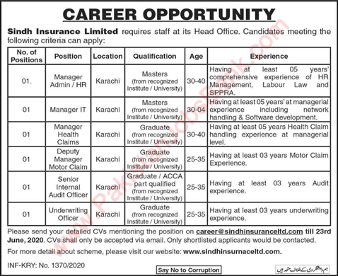 Sindh Insurance Limited Karachi Jobs 2020 June Managers & Others Latest