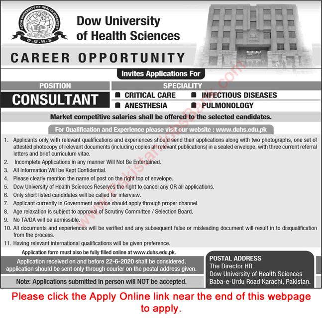 Medical Consultant Jobs in Dow University of Health Sciences Karachi 2020 June Apply Online DUHS  Latest