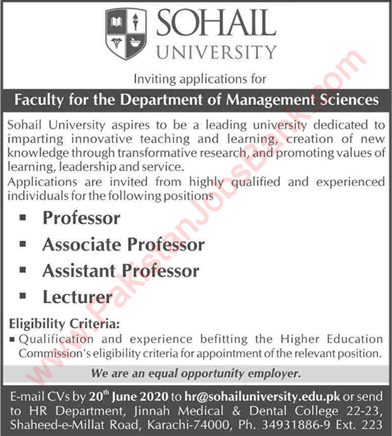 Teaching Faculty Jobs in Sohail University Karachi 2020 June Latest