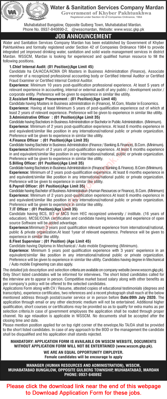 Water and Sanitation Services Company Mardan Jobs 2020 June Application Form WSSC Latest