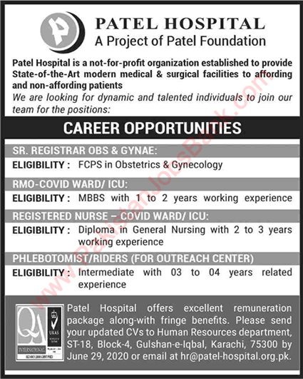 Patel Hospital Karachi Jobs 2020 June Nurse, Medical Officer & Others Latest