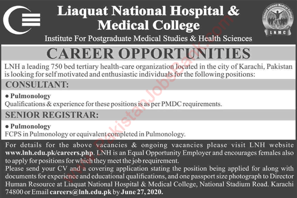 Liaquat National Hospital Karachi Jobs 2020 June Consultant & Senior Registrar LNH&MC Latest