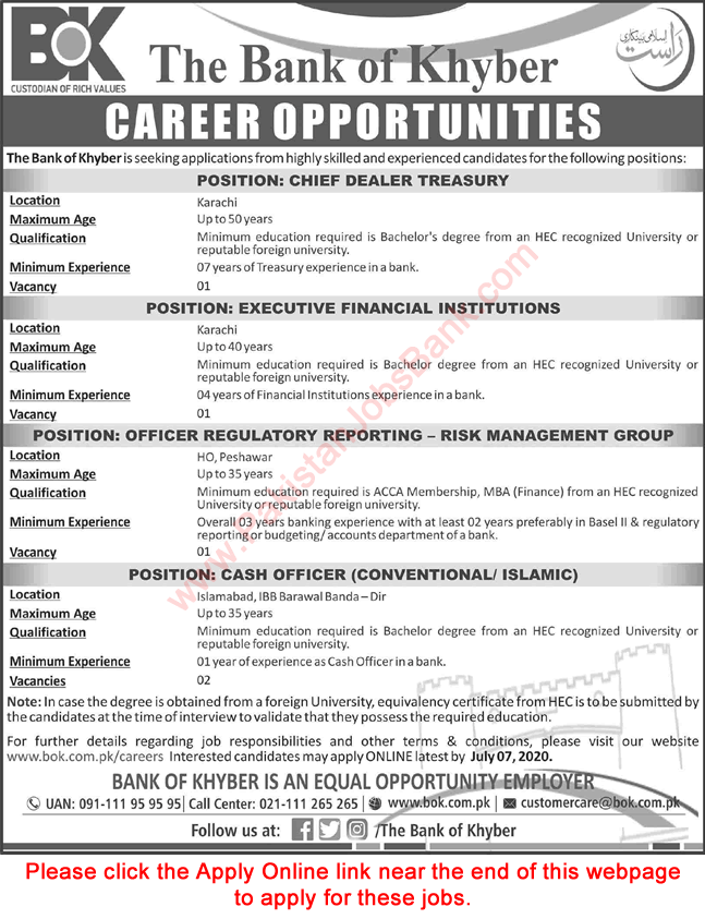 Bank of Khyber Jobs June 2020 Apply Online Cash Officers & Others Latest