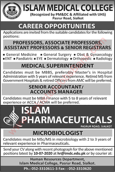 Islam Medical College Sialkot Jobs 2020 June / July Teaching Faculty & Others Latest