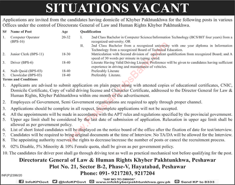 Law Parliamentary Affairs and Human Rights Department KPK Jobs July 2020 Clerks, Computer Operators & Others Latest