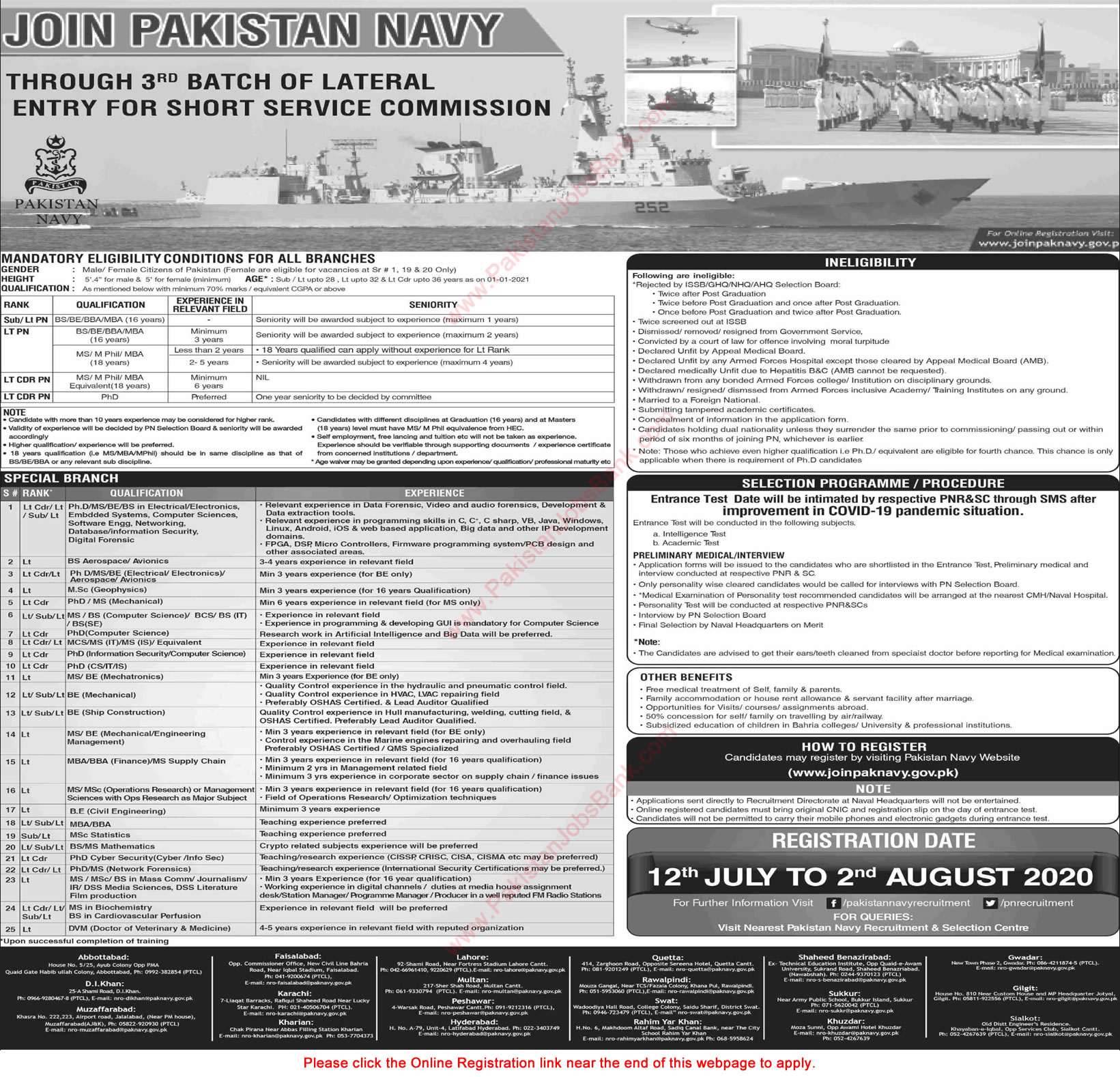 Join Pakistan Navy through Short Service Commission Course 2020 July Online Registration 3rd Batch of Lateral Entry Latest