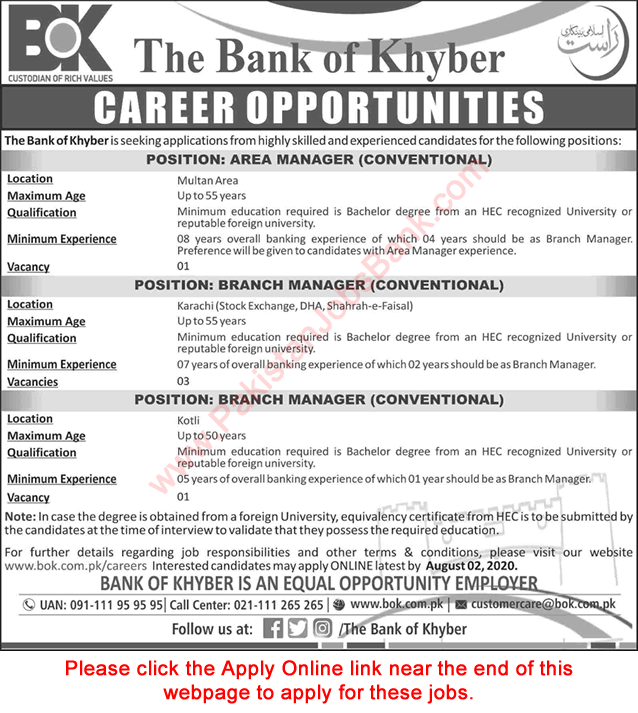 Bank of Khyber Jobs July 2020 Apply Online Branch Managers & Area Manager Latest