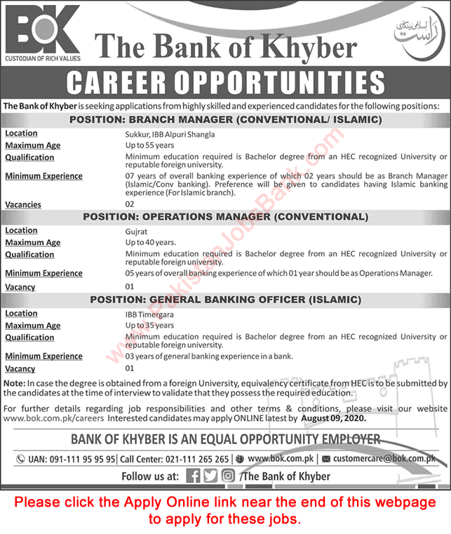 Bank of Khyber Jobs July 2020 Apply Online Branch / Operations Managers & General Banking Officer Latest