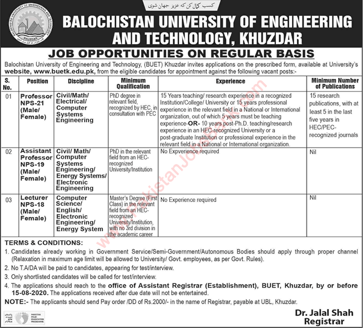 BUET Khuzdar Jobs 2020 July / August Balochistan University of Engineering and Technology Teaching Faculty Latest