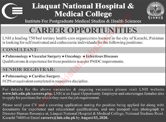 Liaquat National Hospital Karachi Jobs July 2020 August Medical Consultant & Senior Registrar Latest