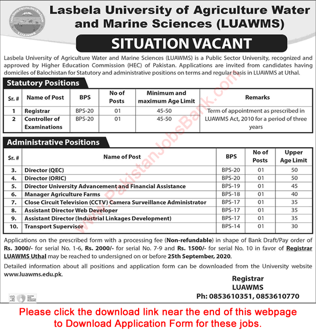 LUAWMS University Uthal Jobs August 2020 Application Form Lasbela University of Agriculture Water and Marine Sciences Latest