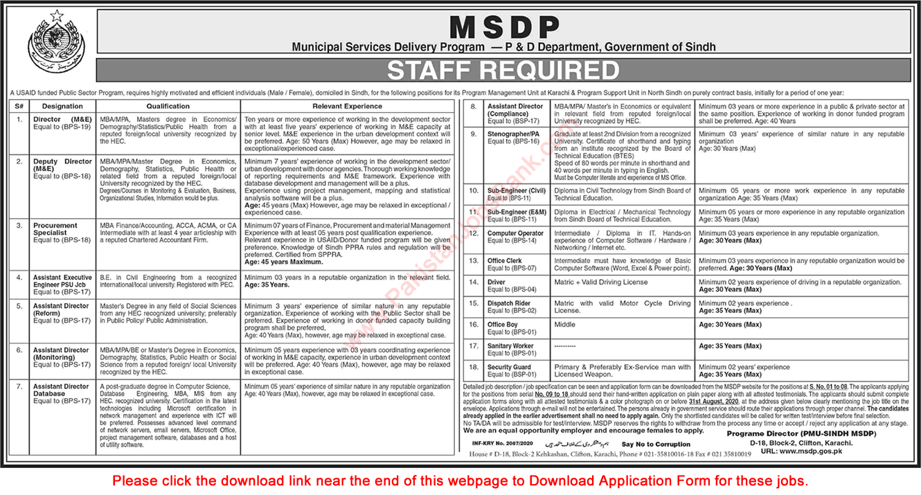MSDP Sindh Jobs 2020 August Application Form Municipal Services Delivery Program Latest
