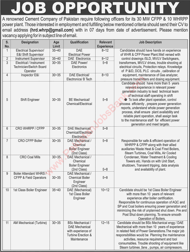 Cement Company Jobs in Pakistan 2020 August Electrical / Instrument Supervisors, Shift Engineer & Others Latest